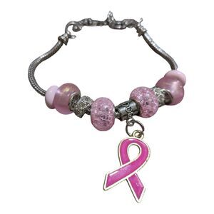 Breast Cancer Awareness Charm Bracelet Pink Ribbon Pendant Beaded Bracelet